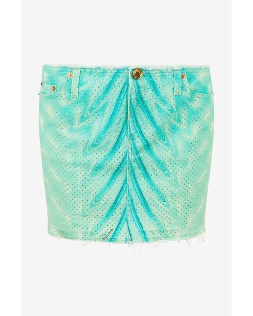 Roberto Cavalli Green Miniskirt With Optical Glass Print And Micro Studs