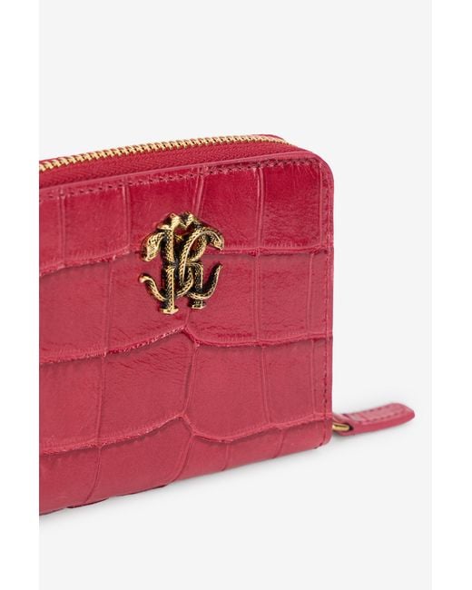 Roberto Cavalli Red Small Crocodile-Effect Wallet