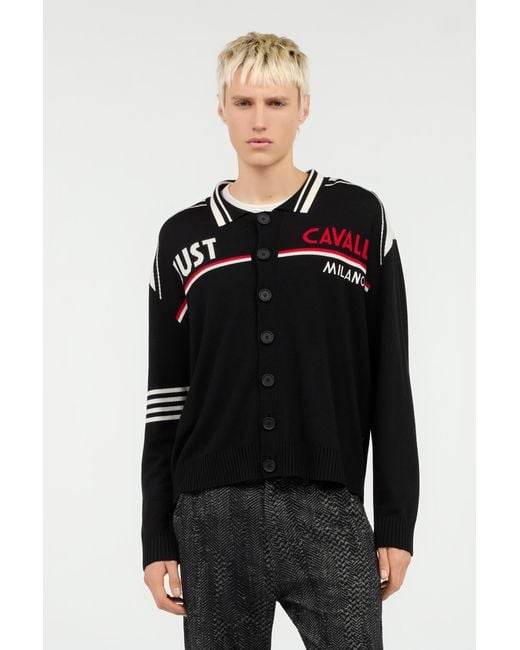Roberto Cavalli Black Knit Cardigan With Polo Collar And Logo for men