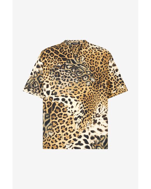 Roberto Cavalli Metallic Cotton T-Shirt With Leopard Print for men