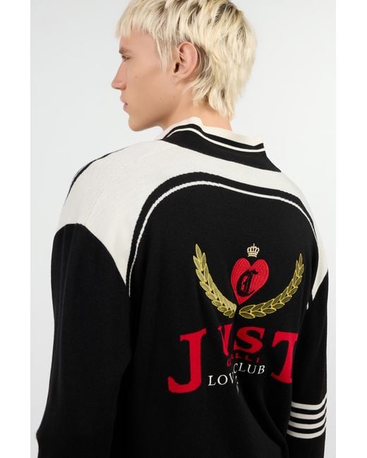 Roberto Cavalli Black Knit Cardigan With Polo Collar And Logo for men