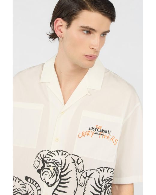 Roberto Cavalli White Ivory Shirt With Tigers And Logo for men