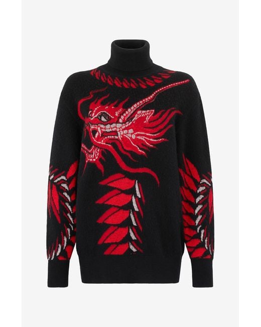 Roberto Cavalli Red Long Sweater With Pattern And Dragon