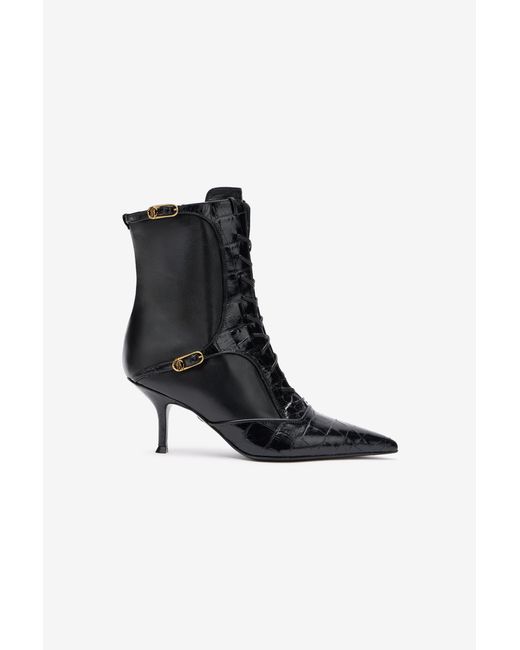 Roberto Cavalli Black Crocodile-Effect Lace-Up Ankle Boots