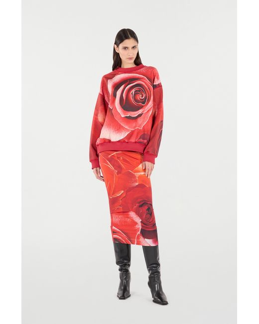 Roberto Cavalli Red Sweatshirt With Maxi-Rose Print