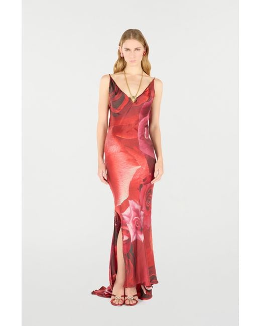 Roberto Cavalli Red Long Dress With Rose Print And Bejeweled Tiger