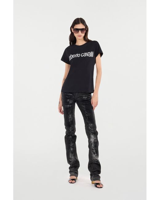 Roberto Cavalli Black Distressed-Effect Python Skin Jeans