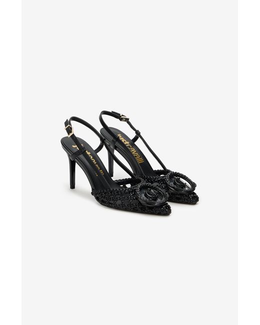 Roberto Cavalli Black Slingback Heels With Braided Design