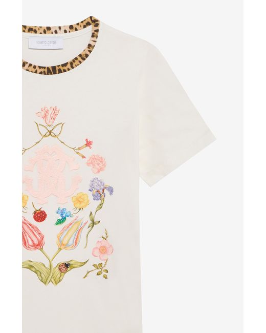 Roberto Cavalli White T-Shirt With Floral Print And Monogram Rc