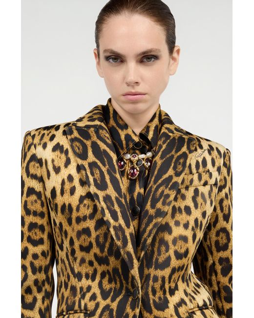 Roberto Cavalli Brown Single-Breasted Blazer With Jaguar Skin Print