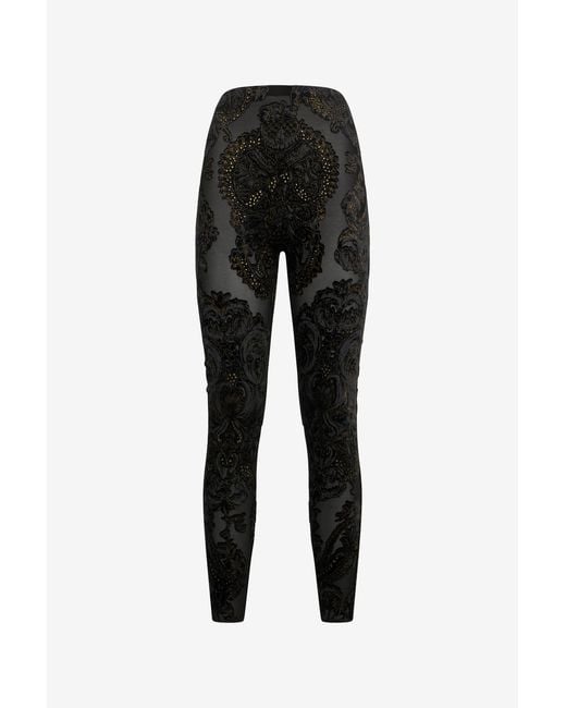 Roberto Cavalli Black Devoré Chenille Leggings With Ornamental Print