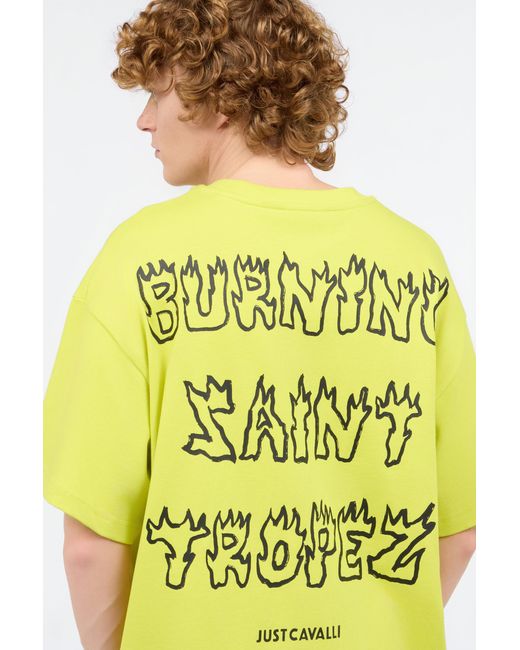 Roberto Cavalli Yellow T-Shirt With Flaming Lettering for men