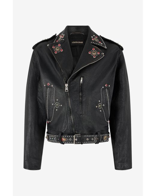 Roberto Cavalli Black Leather Biker Jacket With Studs And Stones for men