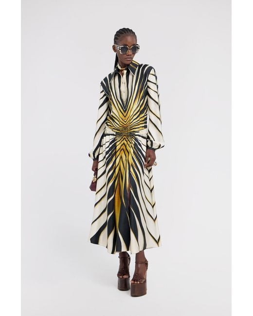 Roberto Cavalli White Ray Of Print Silk Midi Dress