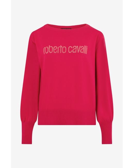 Roberto Cavalli Red Fuchsia Sweater With Crystal Logo