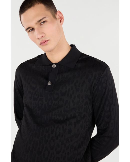 Roberto Cavalli Black Jaguar Skin Long-Sleeved Knitted Polo for men