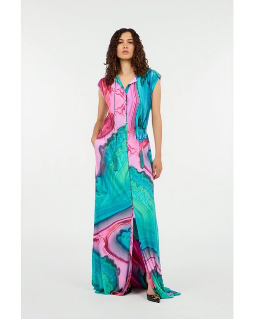 Roberto Cavalli Blue Long Dress Chemisier With Marbled Print