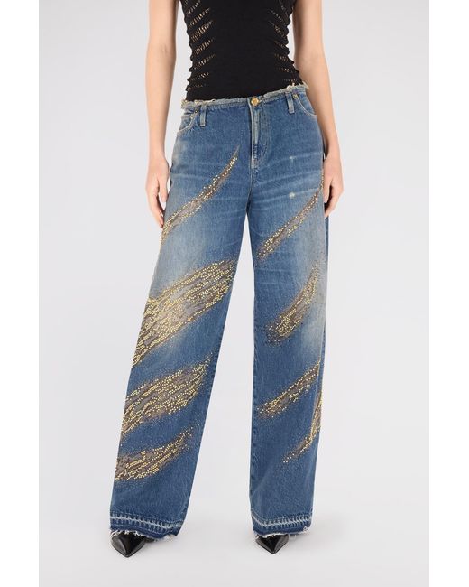 Roberto Cavalli Blue Jeans With Rhinestoned Zebra Pattern