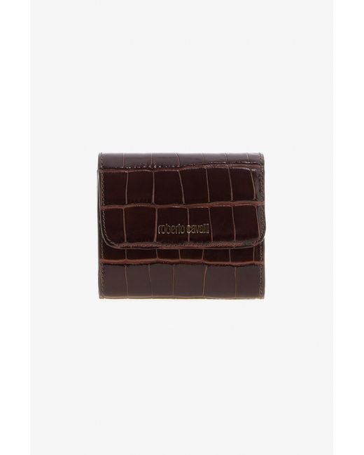 Roberto Cavalli Brown Croc-Effect Leather Card Case