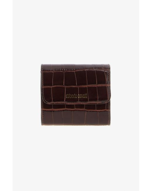 Roberto Cavalli Brown Croc-Effect Leather Card Case