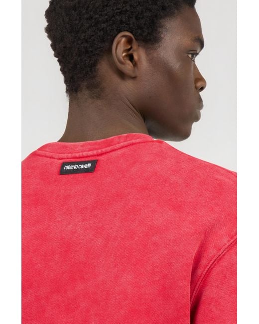 Roberto Cavalli Red Stone-Washed Sweatshirt With Monogram Rc for men