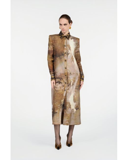 Roberto Cavalli Natural Silk Shirt Dress With Marble Print