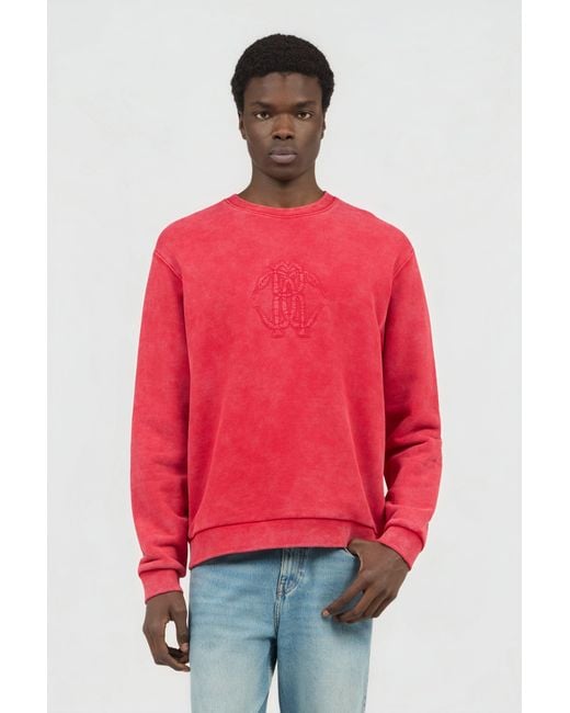 Roberto Cavalli Red Stone-Washed Sweatshirt With Monogram Rc for men