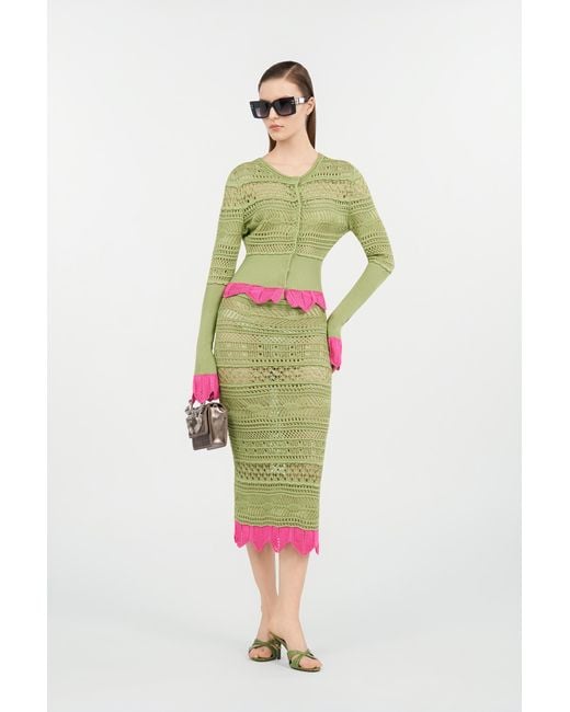 Roberto Cavalli Green Midi Knit Skirt With Contrast Detail