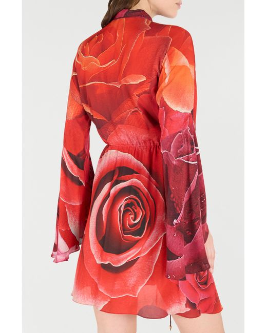 Roberto Cavalli Red Rose-Print Mini Dress With Pussy-Bow