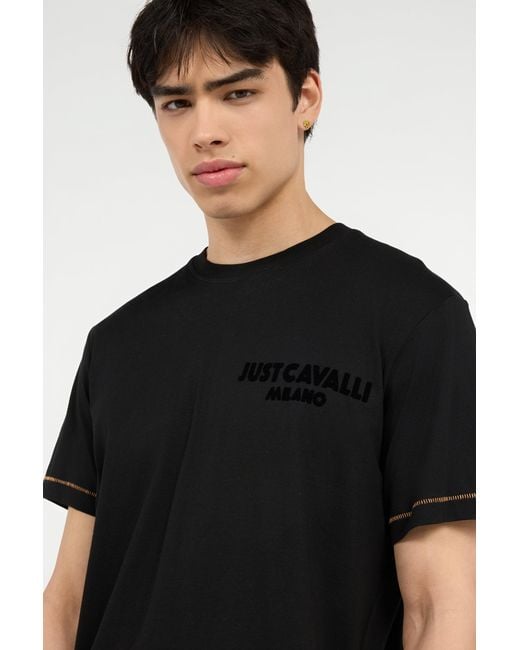 Roberto Cavalli Black T-Shirt With Jc Monogram And Contrasting Topstitching for men