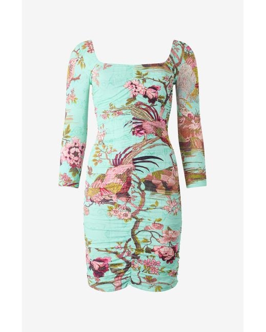 Roberto Cavalli White Mini Dress With Oriental Bird Print