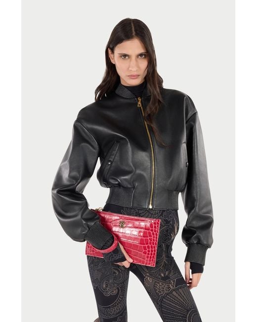Roberto Cavalli Red Crocodile-Effect Flat Clutch