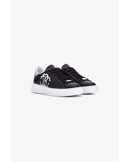 Roberto Cavalli Black Sneakers With Monogram Mirror Snake
