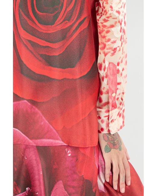 Roberto Cavalli Red Shirt With Jaguar Skin And Rose Print