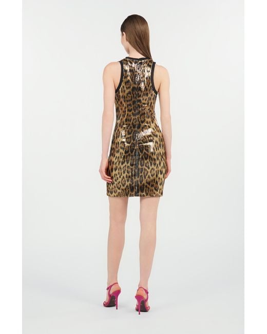 Roberto Cavalli Natural Sequin Mini Dress With Animal Print