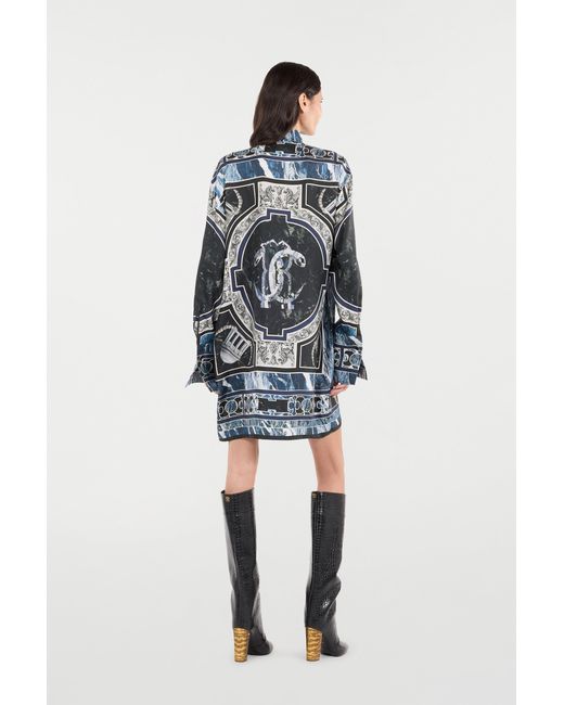 Roberto Cavalli Blue Short Silk Dress With Marble Print