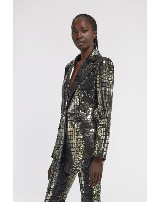 Roberto Cavalli Black Printed Leather Blazer