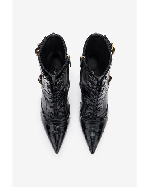 Roberto Cavalli Black Crocodile-Effect Lace-Up Ankle Boots