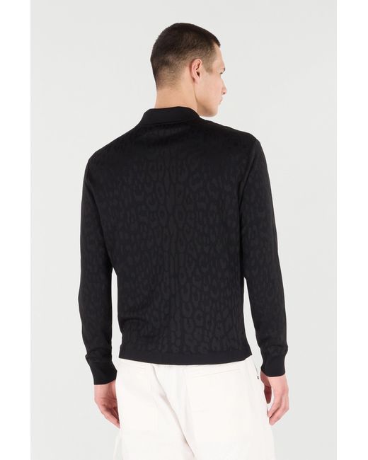 Roberto Cavalli Black Jaguar Skin Long-Sleeved Knitted Polo for men