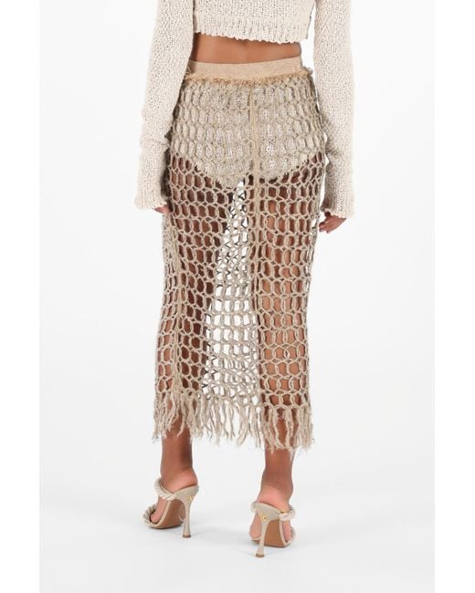 Roberto Cavalli Natural Long Mesh Skirt With Fringes