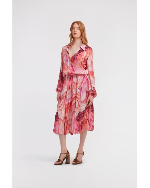 Roberto Cavalli Red Long Dress Plumage Print