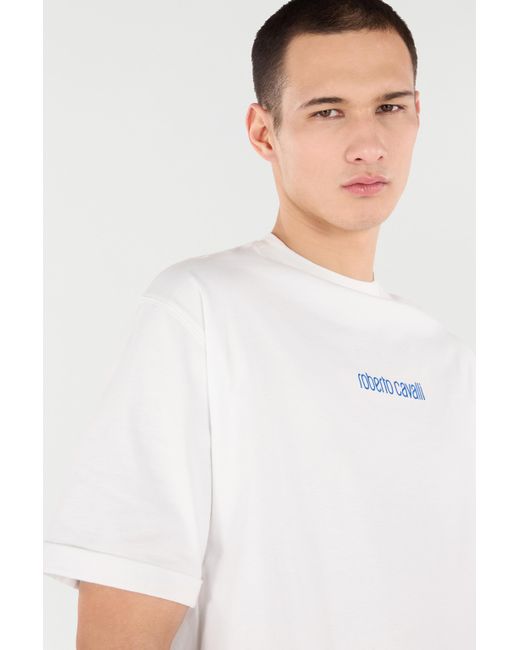 Roberto Cavalli White Cotton T-Shirt With Dragon And Logo for men
