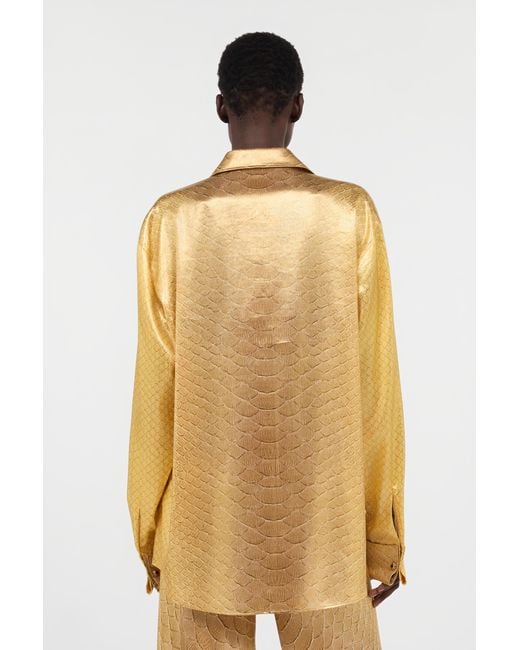 Roberto Cavalli Metallic Golden Silk Shirt With Serpentine Print
