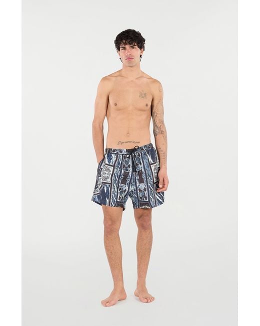 Roberto Cavalli Blue Swim Shorts With Fang And Marble Print for men