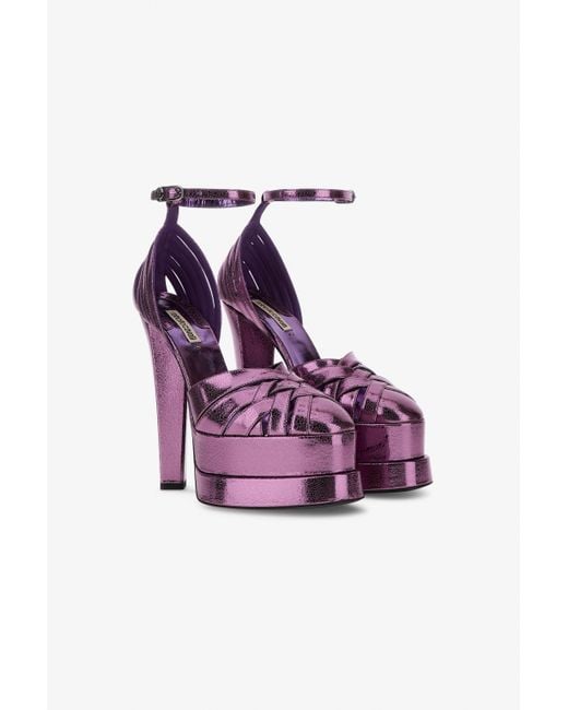 Roberto Cavalli Pink Metallische Plateausandalen Mit Schlangeneffekt