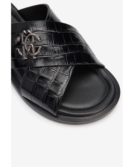 Roberto Cavalli Black Crocodile-Effect Leather Sandals for men