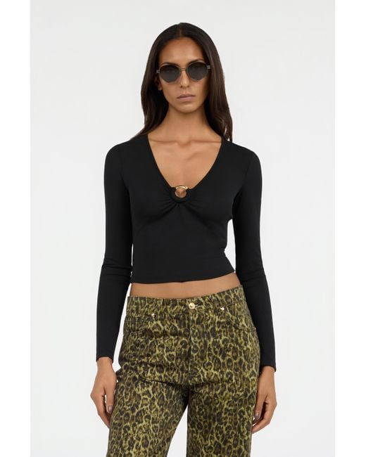 Roberto Cavalli Black Lurex Crop Top With Ring Detail