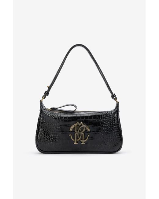 Sac D'Épaule Noir Effet Crocodile Avec Mirror Snake Monogram Roberto Cavalli en coloris Black