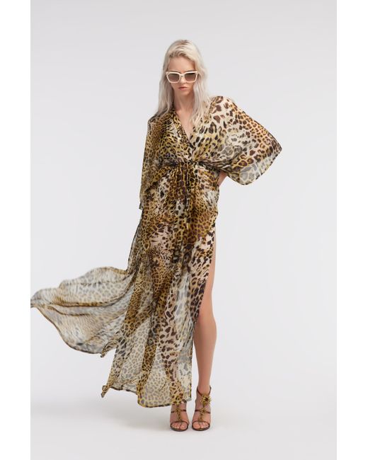 Roberto Cavalli Metallic Long Kaftan With Jaguar Skin Print