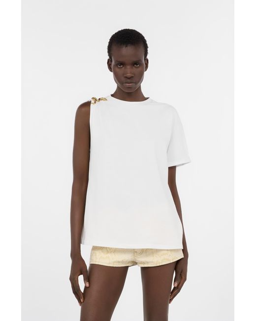 Roberto Cavalli White Asymmetric T-Shirt With Snake Motif